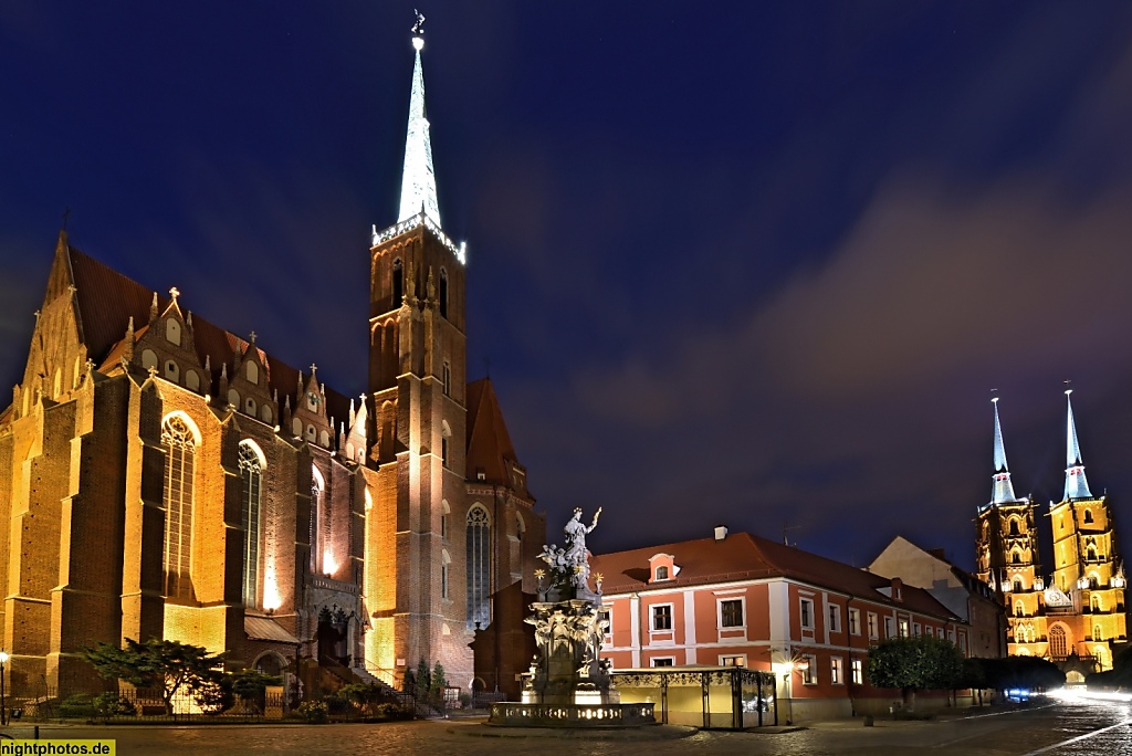 Wrocław Breslau Stiftskirche zum Heiligen Kreuz und St Bartholomäus und Denkmal Johannes Nepomuk und Breslauer Dom