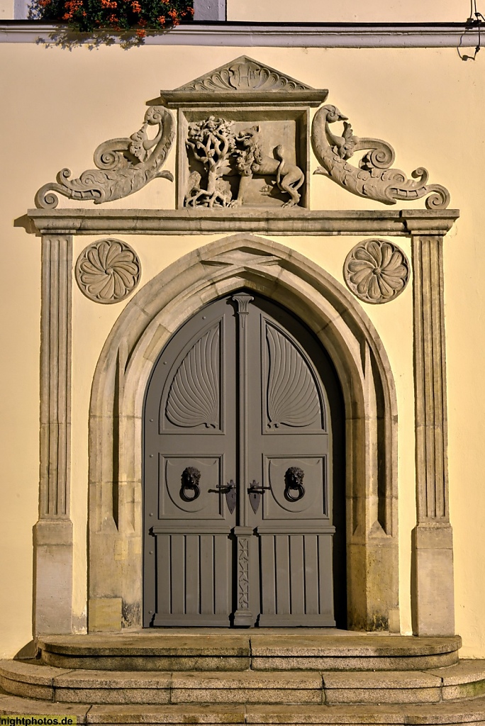 Pirna Altstadt Tür mit Fabelwesen und Volutenstuck