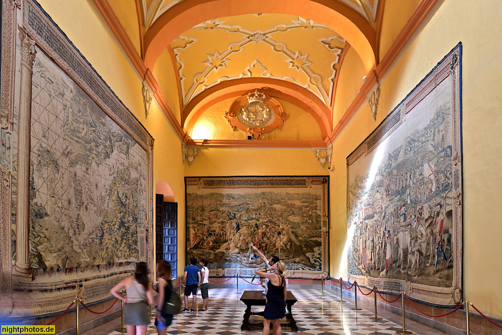 Real Alcázar de Sevilla. Königspalast. Erbaut ab 1364 für Pedro I. in Mudéjar Stil. Palacio Gótico. Salón de los Tapices y Capilla. Gobelinhalle