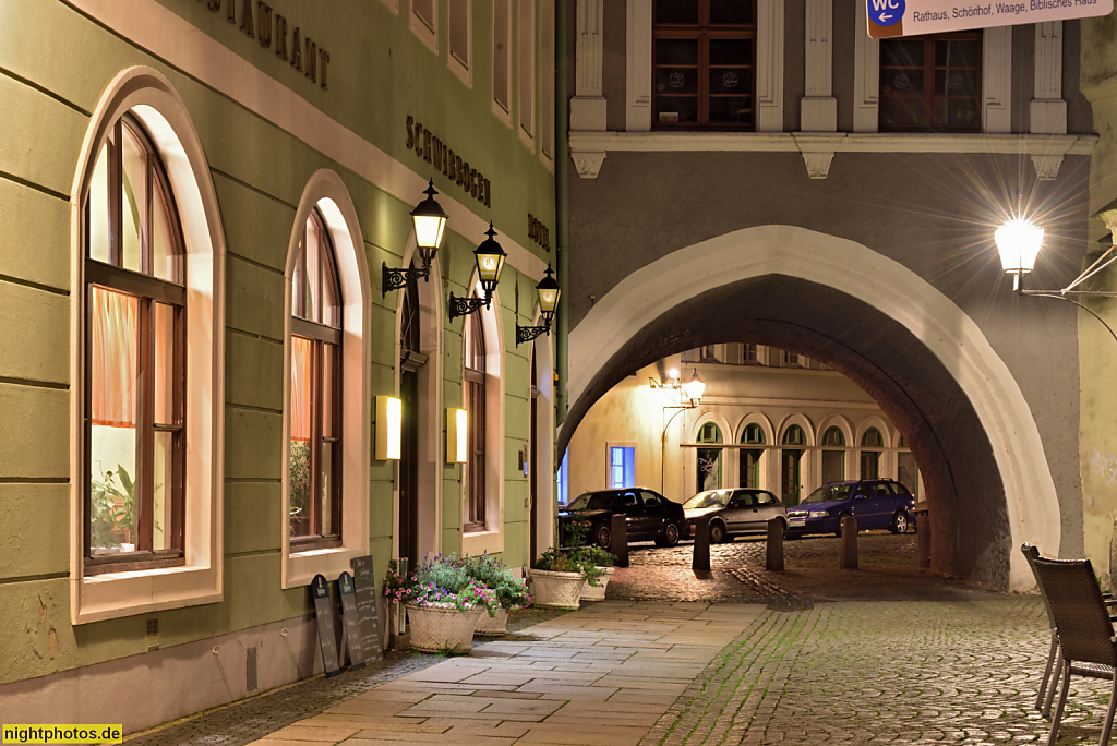 Görlitz. Restaurant Schwibbogen erbaut ab 1533 als Renaissancebau hinter dem Haupthaus Brüderstrasse 18 am Obermarkt 34. Bauherr Hieronymous Schnitter