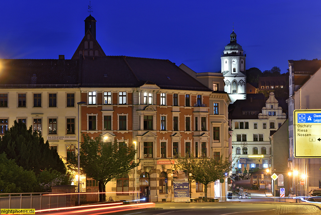 Meißen. Altstadtbrücke neu erbaut 1999-2000 über die Elbe. Wohn- und Geschäftshaus erbaut 1891 in der Gerbergasse 5. Gründerzeitbau mit Klinkerfassade und Erkern. Elbstrasse