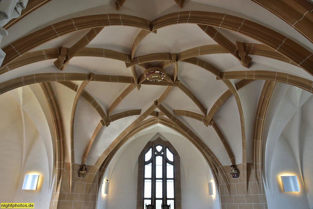 Meissen. Wappensaal mit Schlingrippengewölbe. Erschaffen 1521-1524 von Werkmeister Jakob Heilmann für Herzog Georg den Bärtigen. Albrechtsburg gegründet 929-931 von König Heinrich I. Erbaut 1471 durch Baumeister Arnold von Westfalen