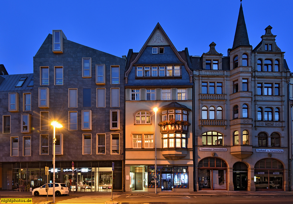 Eisenach. Moderner Neubau erbaut 2007 in der Tannhäuserlücke Karlsplatz 2-4. Historische Bauten Johannisstrasse 1, 3