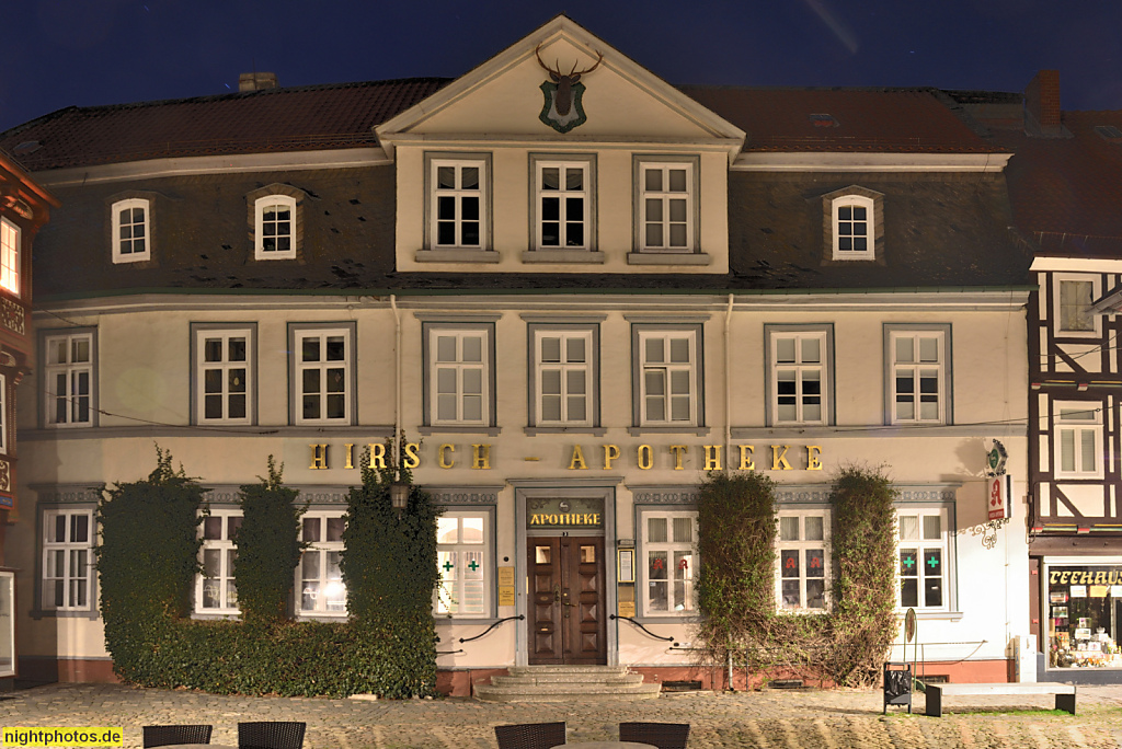 Goslar. Hirsch-Apotheke. Gegründet 1780. Seit 1808 Apotheke von J.W. Osten. Übernommen 1840 von Carl Ludwig Hirsch. Schuhhof 3