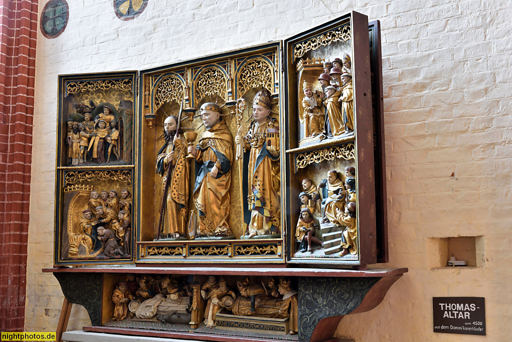 Wismar. St. Nikolai. Erbaut 1381-1487 als Kirche der Seefahrer und Fischer von Baumeister Heinrich von Bremen. Spätgotische Basilika. Thomasaltar geschnitzt um 1500