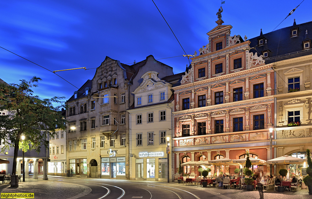 Erfurt. Wohn- und Geschäftshaus mit Jugendstilelementen. Wohn- und Geschäftshaus 'Zum goldenen Löwen'. Geschäftshaus Zum Breiten Herd mit Gastronomie. Fischmarkt 11-13