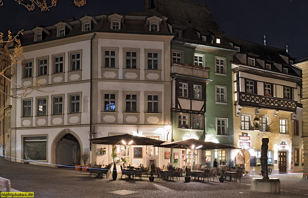 Bamberg. Randbebauung am Pfahlplätzchen 3-6. Erbaut im 16. Jahrhundert. Gastronomie 'Little Italy' und 'Brasserie'