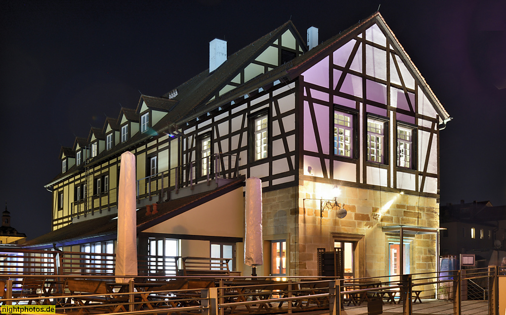 Bamberg. Restaurant Eckerts auf der Oberen Mühlbrücke über den linken Regnitzarm. Obere Mühlbrücke 9