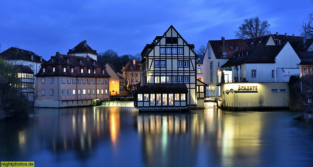 Bamberg. Restaurant Eckerts und Häuser an der Oberen Mühlbrücke über den linken Regnitzarm