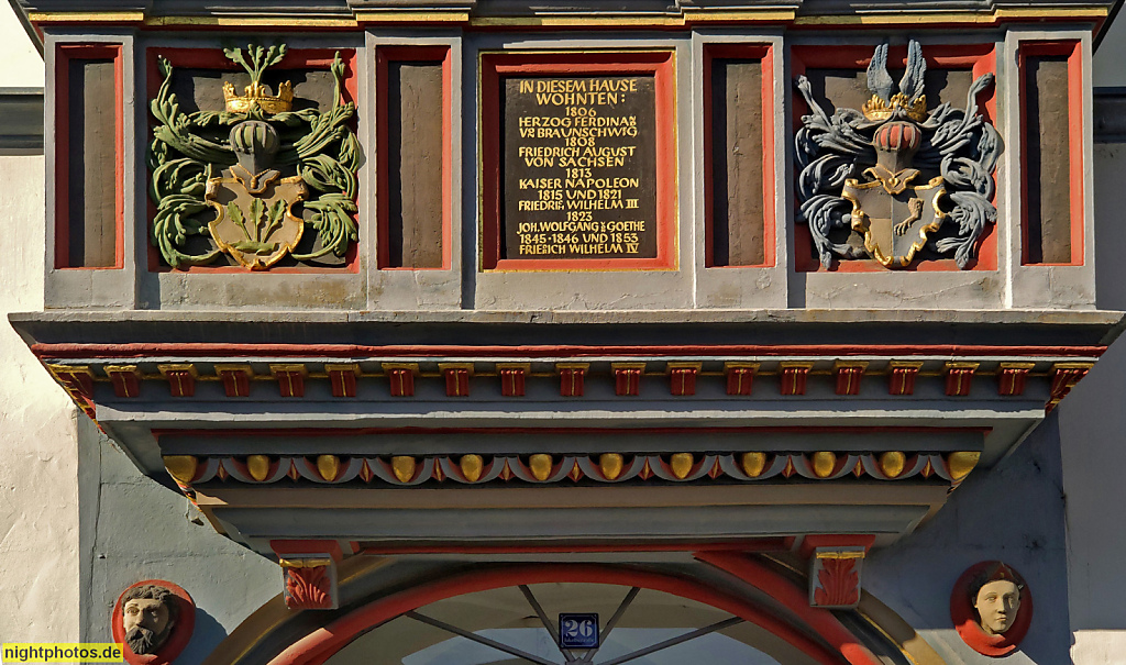 Naumburg. Unterseite Erker an der alten Post. Erbaut im 16. Jhdt als Gasthof 'zur Glocke' von Jeremias Schlegel. Jakobstrasse 26